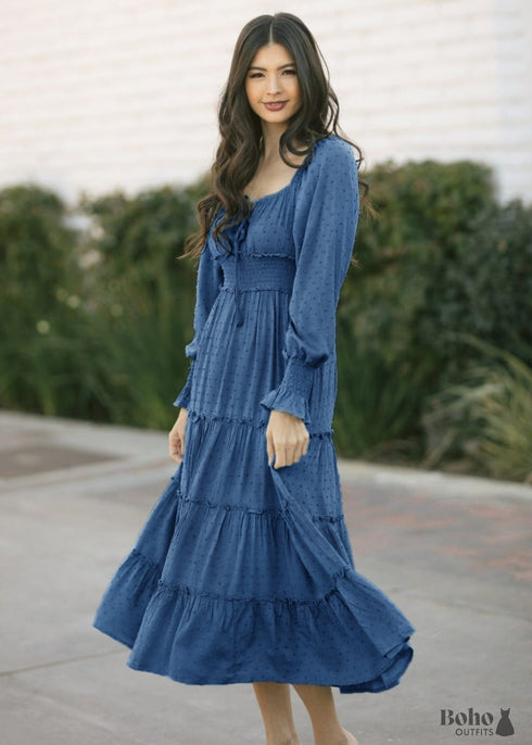 Blue Boho Midi Dress with Sleeves